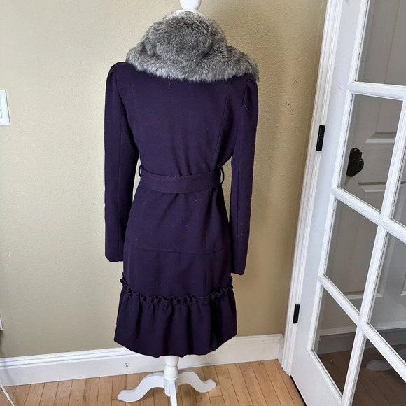BANANA USA Fur Collar Purple Lined Coat Jacket w Ruffle Tie Belt Size Large - Picture 12 of 16
